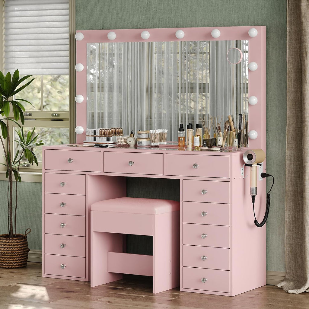 FUSOU 13 Drawers Vanity Desk, 47''W Makeup Vanity with Power Outlet, Vanity Table with Mirror and 12 LED Bulbs, 3 Color Lighting Modes, Glass Top, Dressing Table for Bedroom (Pink)