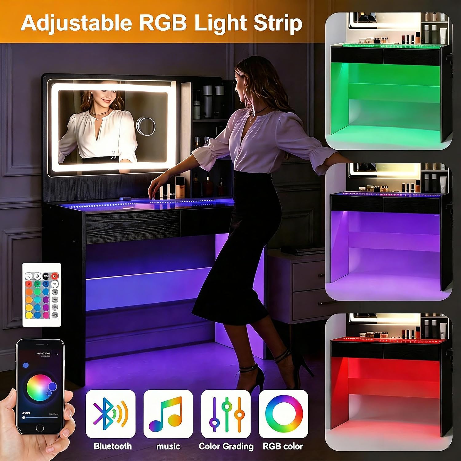 Vanity Desk, Makeup Vanity Desk with Mirror and Lights, Transparent Top with LED Multiple Color Lights, Mirror 3 Color Modes 2 Drawers, Power Outlet, Dressing Table for Girls Bedroom, Black