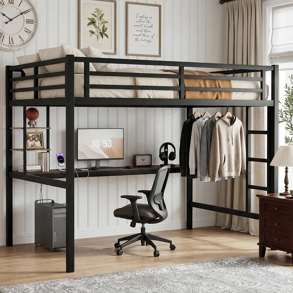 Twin XL Size Metal Loft Bed with Desk, LED Lights & USB Charging Station, Sturdy Noise-Free High Loft Bed Frame with Safety Guardrails, Space-Saving Loft Bedframe for Kids, Teens, Black (Twin XL)