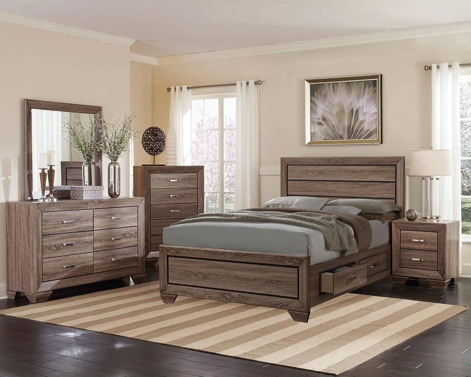 Coaster Home Furnishings Kauffman Transitional 5-Piece Bedroom Set Eastern King Size Storage Panel Bed Frame 54-inch Headboard Washed Taupe 204190KE-S5