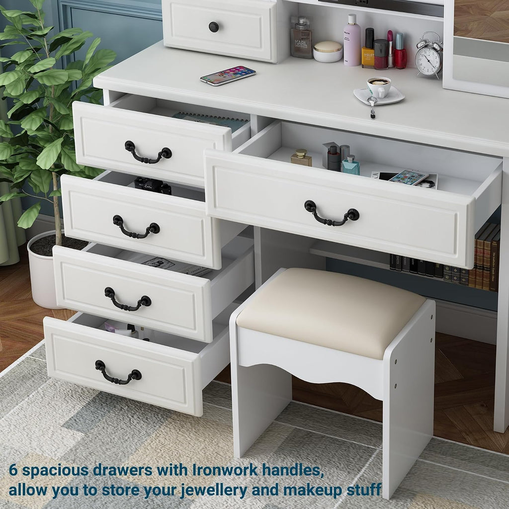 Montary Makeup Vanity Desk with Mirror and Lights, White Vanity Table Set with 6 Drawers & Sliding Mirror & Storage Shelves & Stool, 3 Lighting Modes Brightness Adjustable, Vanity Set Dressing Table