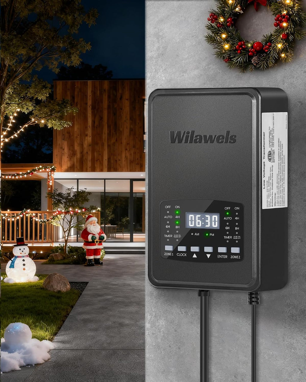 500W Low Voltage Landscape Transformer, 2 Zone Independent Control Landscape Lighting Transformer, 120VAC to 12/14V AC Low Voltage Transformer with Timer & Photocell Sensor ETL Listed D24LT06