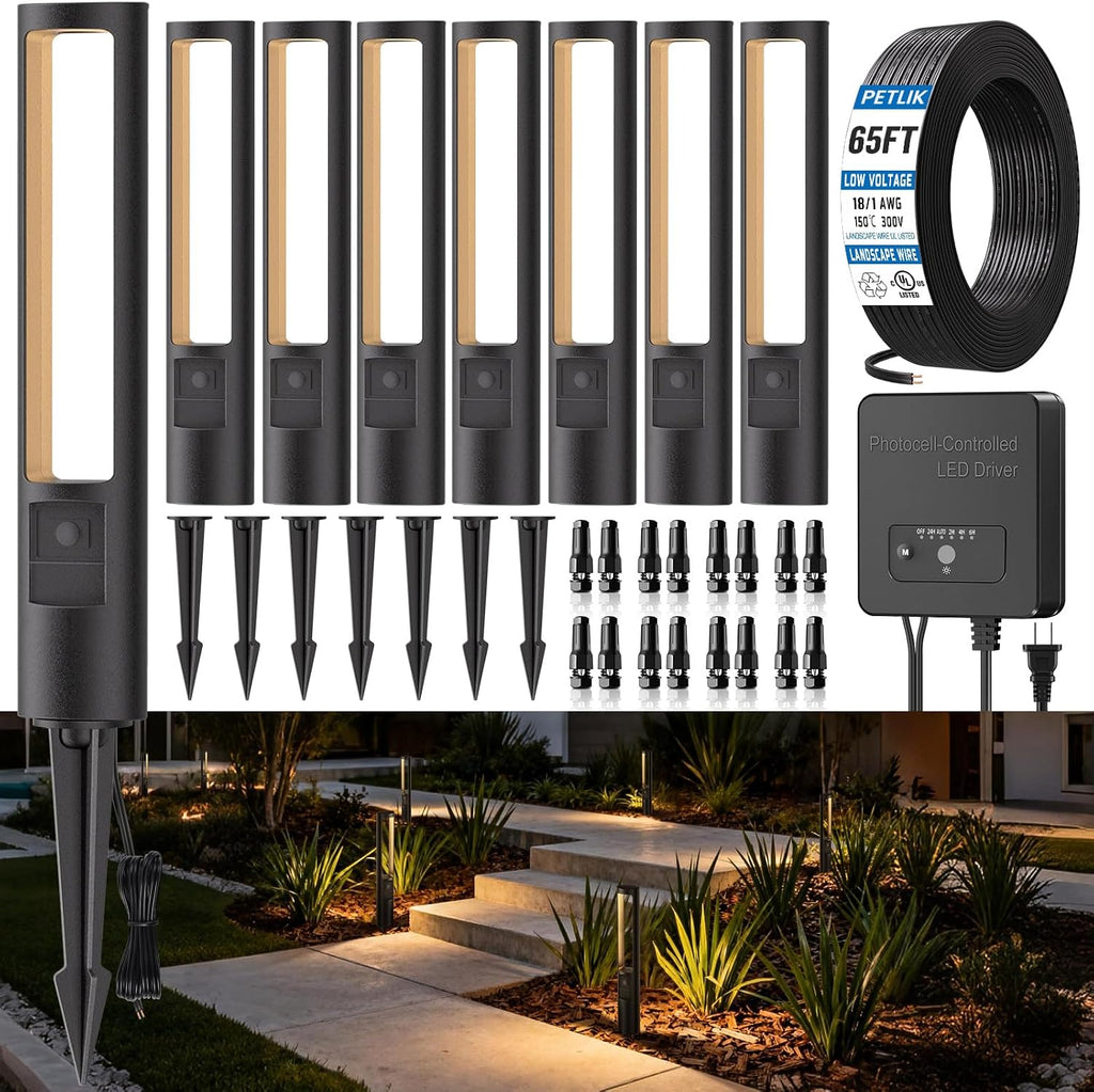 All-in-One Low Voltage Landscape Lighting Kit, 8-Pack Pathway Lights with Transformer Dusk to Dawn Outdoor Lighting 5CCT, IP66 Waterproof Landscape Lights with Connectors for Patio