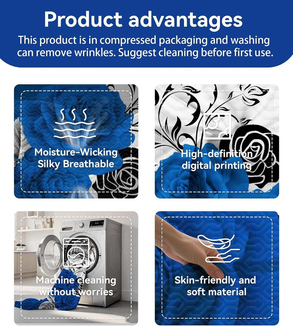 9-Piece Queen Microfiber Bedspreads with Matching Curtains | Blue Rose Matching Curtains and Bedding Sets | Luxe Floral Design