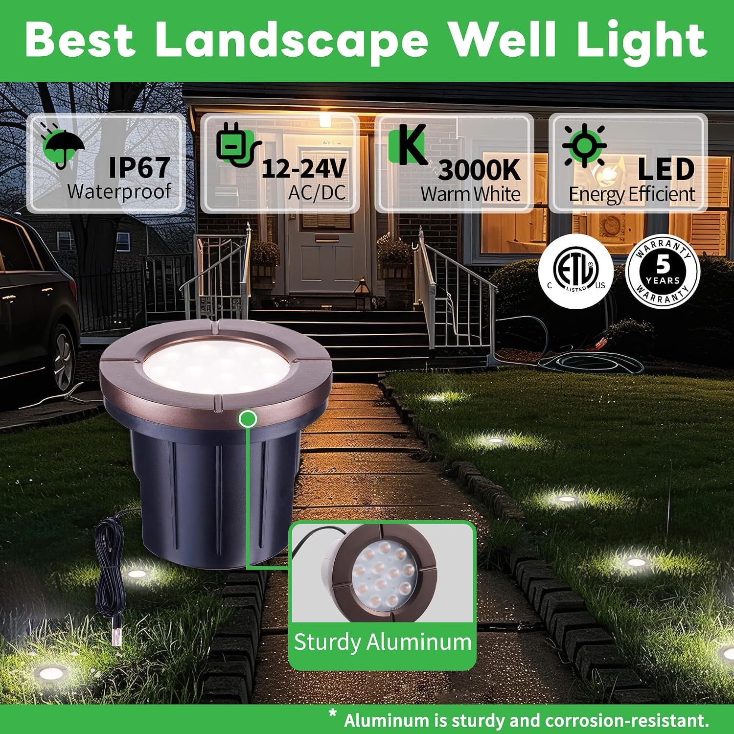 LED Well Light Kit, 6 Pack In Ground Landscape Lights and 100W Transformer and 100FT Cable and 30 Wire Connectors, 12V IP67 Waterproof Aluminum for Patio Pathway Lawn 6W 580LM