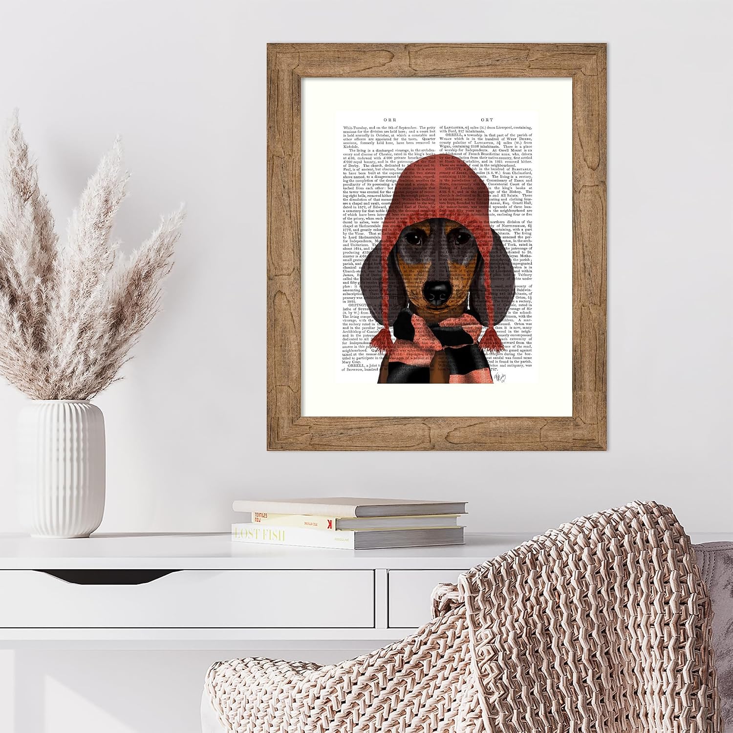 Amanti Art Framed Wall Art Print 24x20 Dachshund in Pink Hat and Scarf by Fab Funky, Animals Wall Art, Vintage Decor, Small Poster Painting Artwork for Living Room, Bedroom, Bathroom, Kitchen, Office