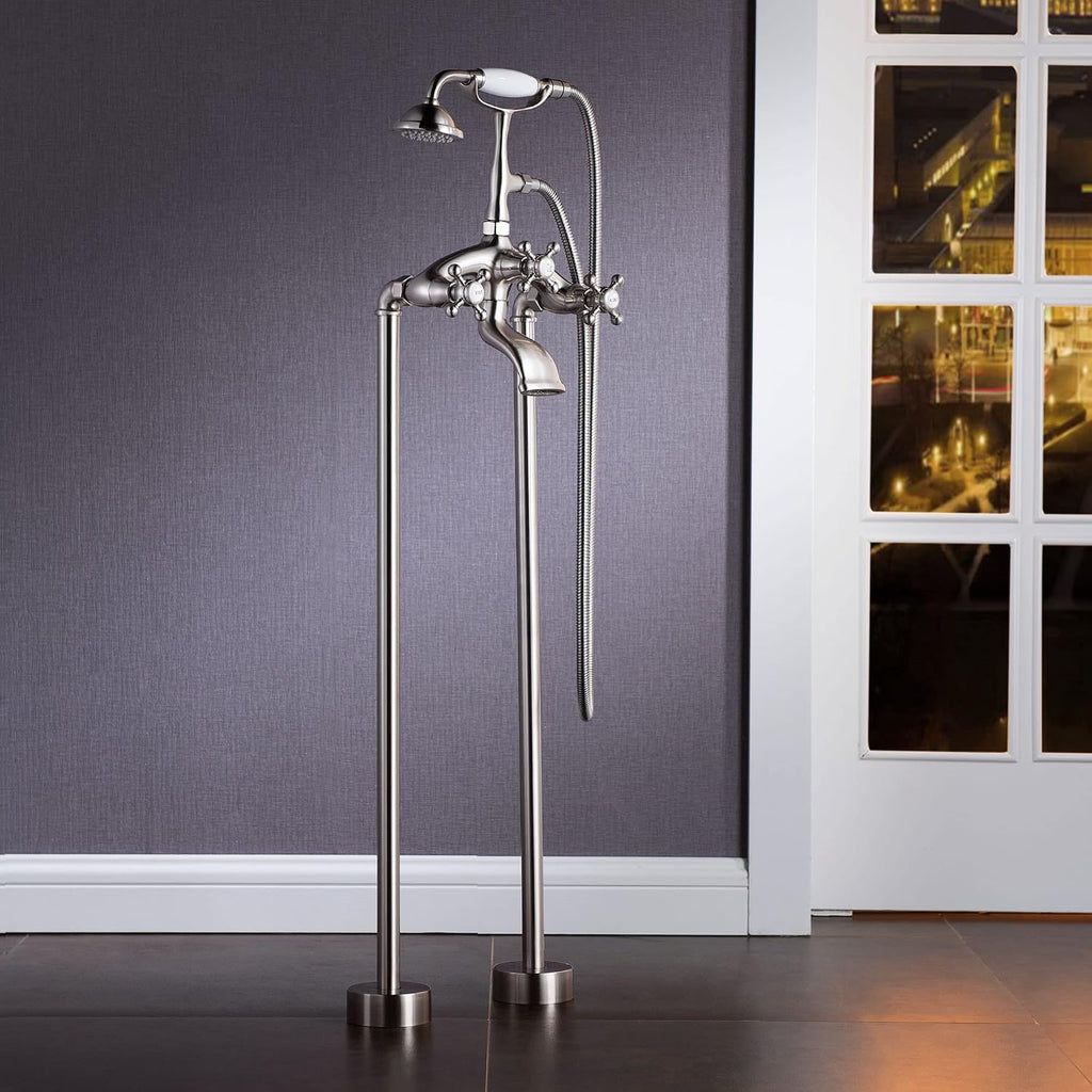 WOODBRIDGE 59'Freestanding White Acylic Soaking Bathtub with Drain Kit and Floor Mount Tub Filler in Brushed Nickel,BTA1536 -B/N-Drain &O +F0018BN