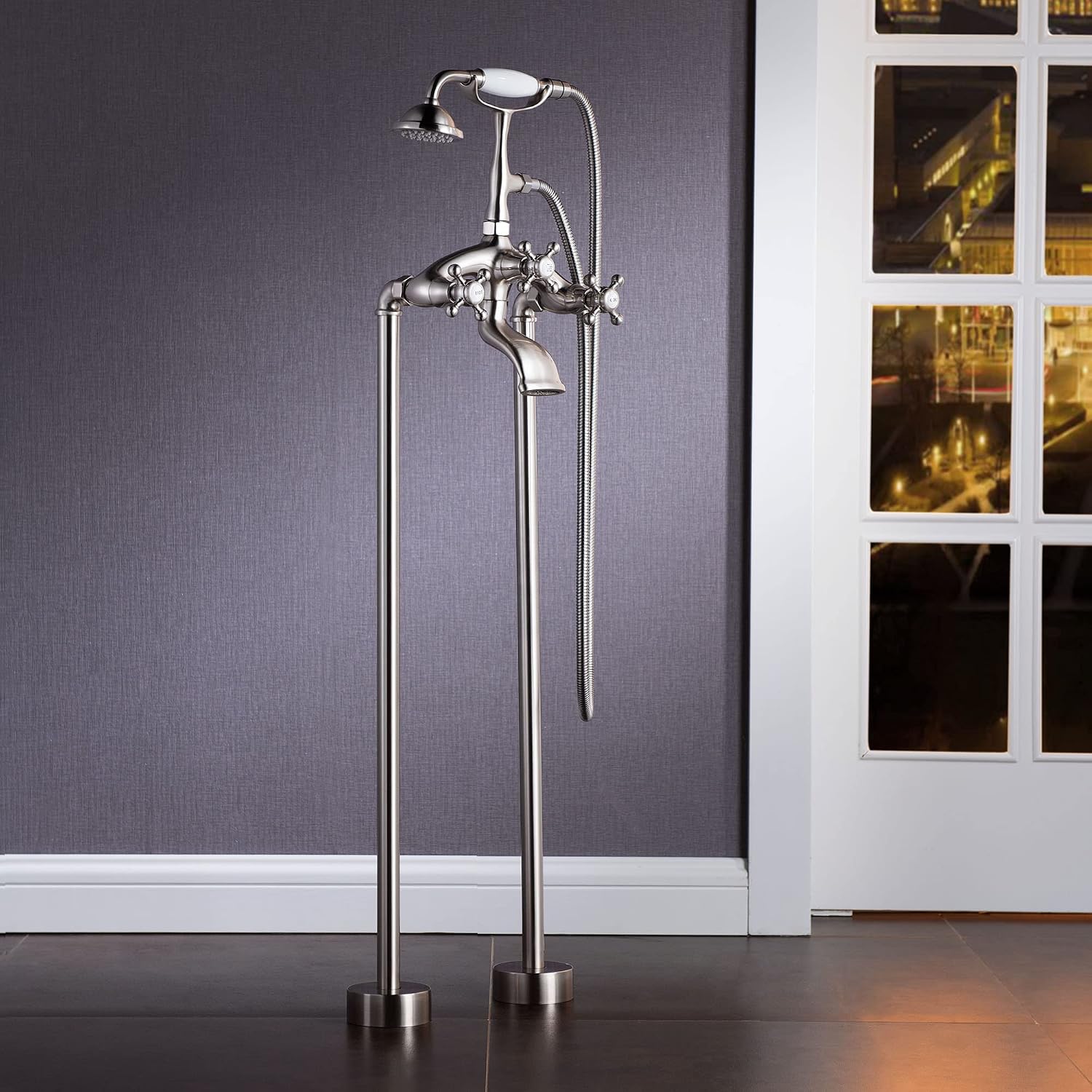 WOODBRIDGE 59'Freestanding White Acylic Soaking Bathtub with Drain Kit and Floor Mount Tub Filler in Brushed Nickel,BTA1536 -B/N-Drain &O +F0018BN