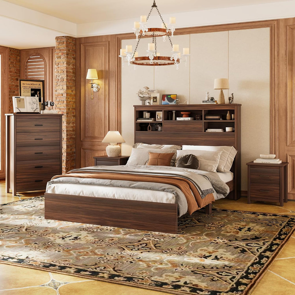 4 Piece Bedroom Furniture Set Farmhouse - Walnut Wood Queen Size Platform Bed Frame with Storage Headboard and Charging Station, Rustic Queen Bedroom Set with 1 Dresser and 2 Nightstand Sets