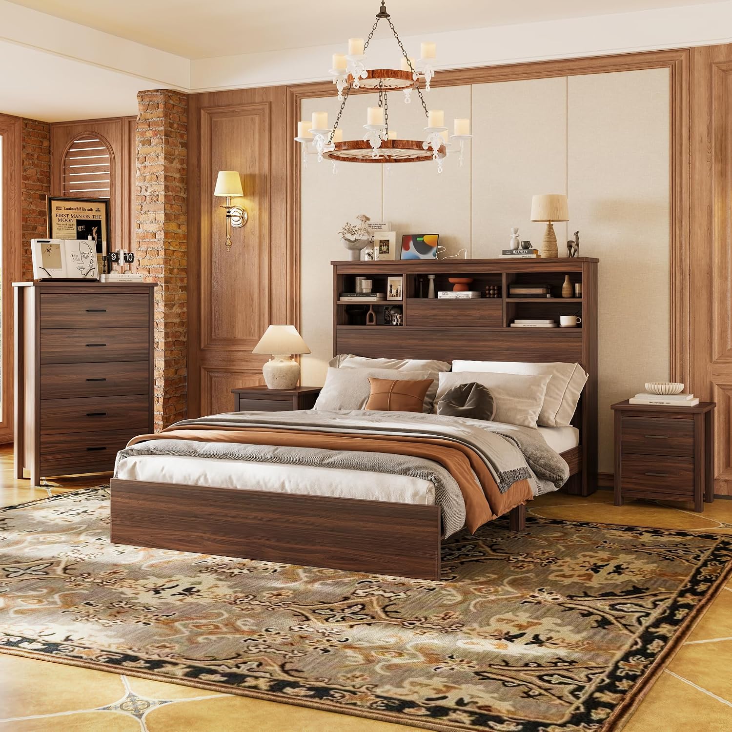 4 Piece Bedroom Furniture Set Farmhouse - Walnut Wood Queen Size Platform Bed Frame with Storage Headboard and Charging Station, Rustic Queen Bedroom Set with 1 Dresser and 2 Nightstand Sets