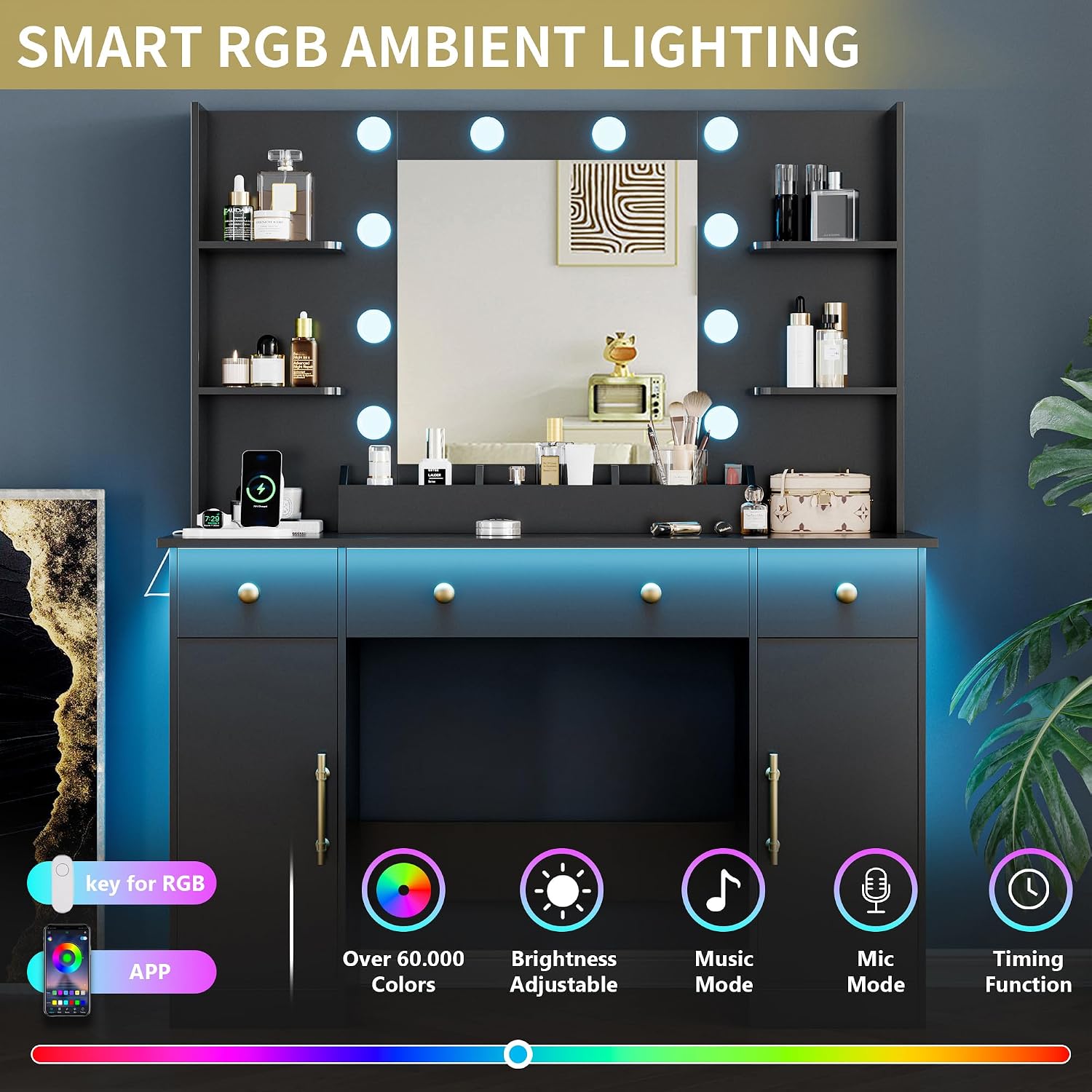 Vanity Desk with Mirror and Lights, 43'' Makeup Dressing Table Set with 5 Drawers & Power Outlet, 3 Lighting Modes Brightness Adjustable, Vanity with RGB Ambient Light for Women Girls Bedroom, Black