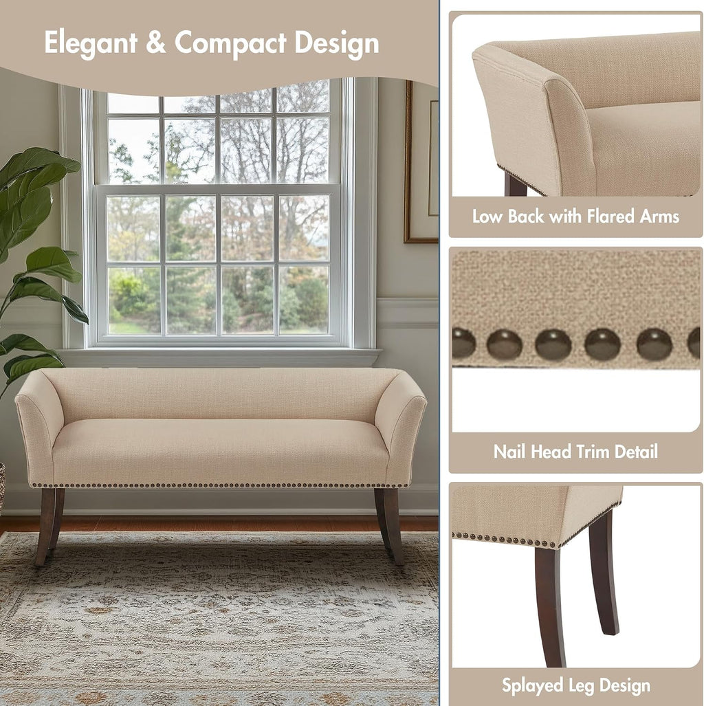 Madison Park Accent Bench, Upholstered with Nailhead Trim, & Padded Seat Entryway Bench Small, End of Bed Bench with Back, 49.5' W x 19.25' D x 23' H, Tan