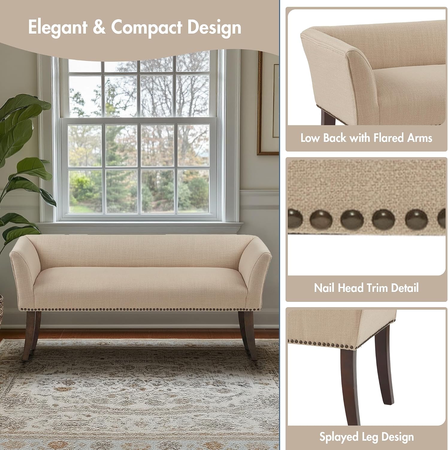 Madison Park Accent Bench, Upholstered with Nailhead Trim, & Padded Seat Entryway Bench Small, End of Bed Bench with Back, 49.5' W x 19.25' D x 23' H, Tan