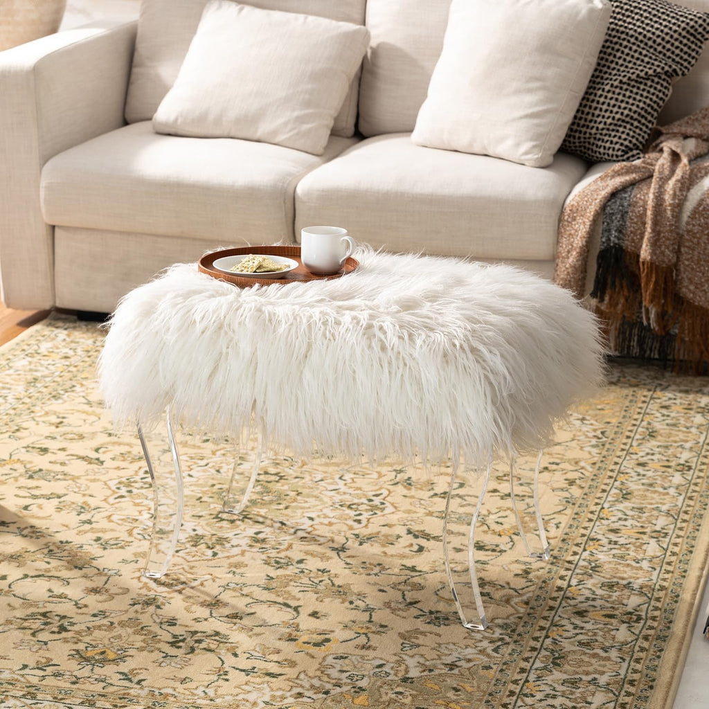 Glitzhome White Faux Fur Ottoman Bench, Modern Ottoman Footrest Stool Vanity Stool with Acrylic Legs Accent Bench for Entryway Living Room Bedroom, 24' L