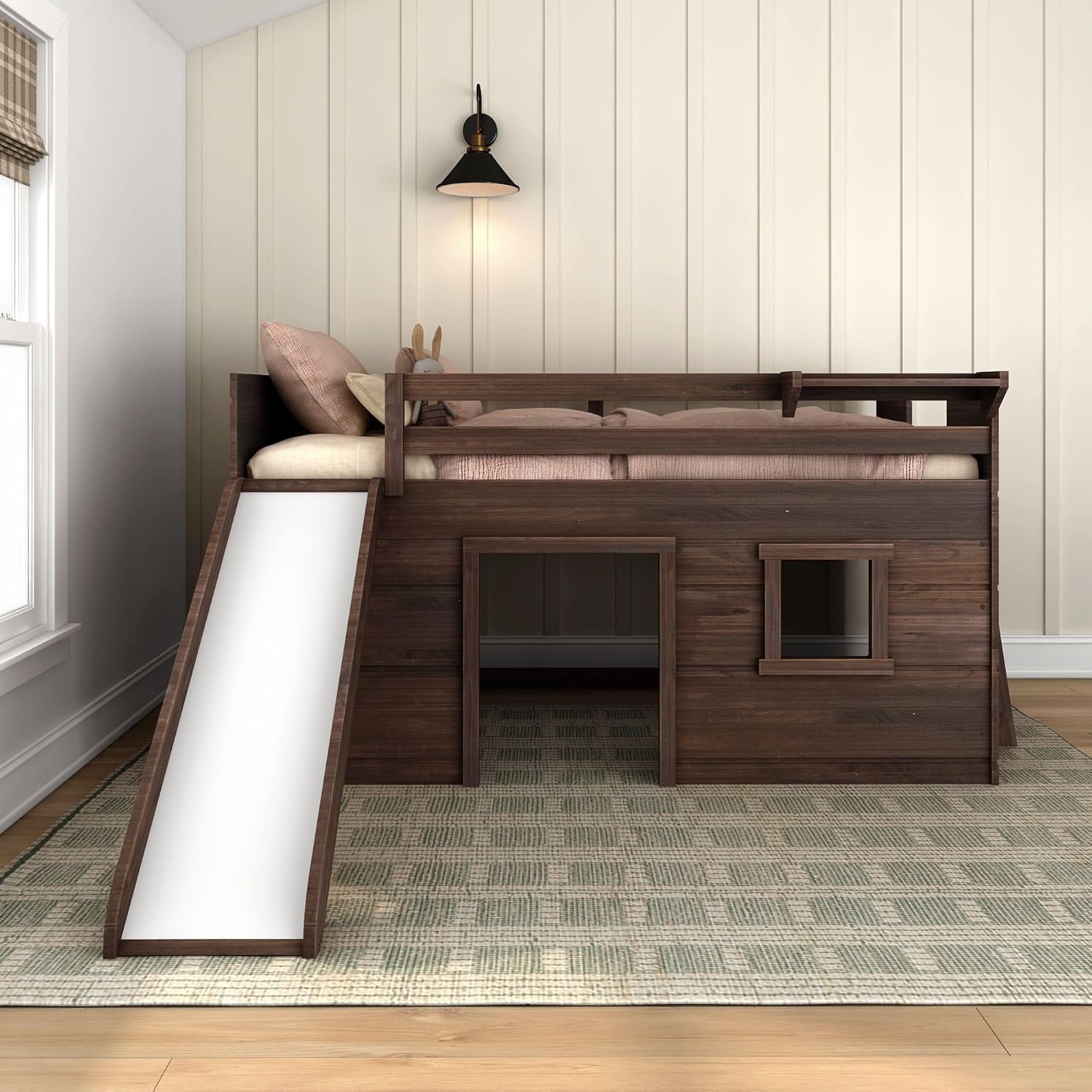 Max & Lily Modern Farmhouse Low Loft (Twin), with Slide, Barnwood Brown