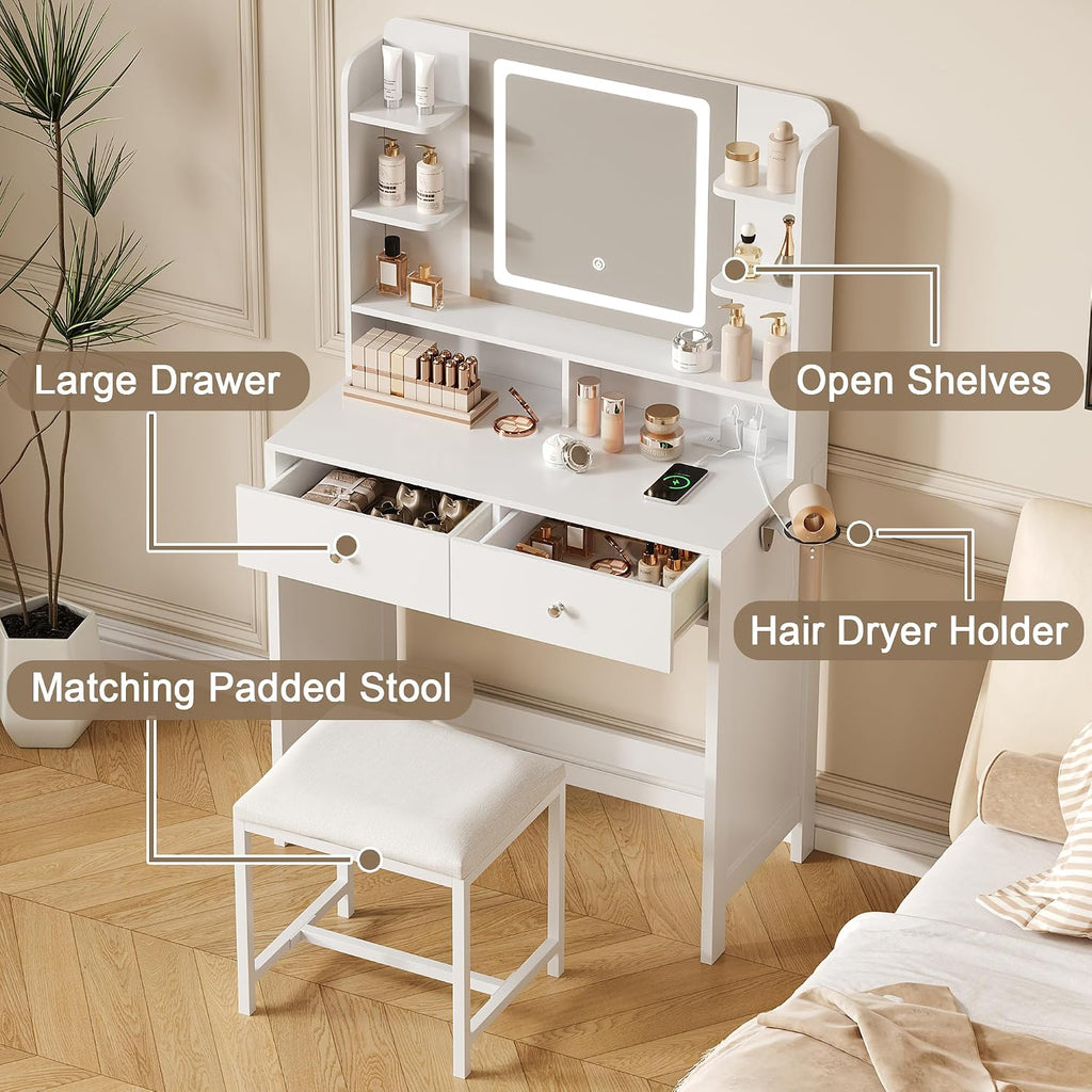 White Vanity with Lighted Mirror, 8 Shelves, 2 Drawers, Charging Station, Hair Dryer Holder & Stool, LED Mirror with 3 Light Modes