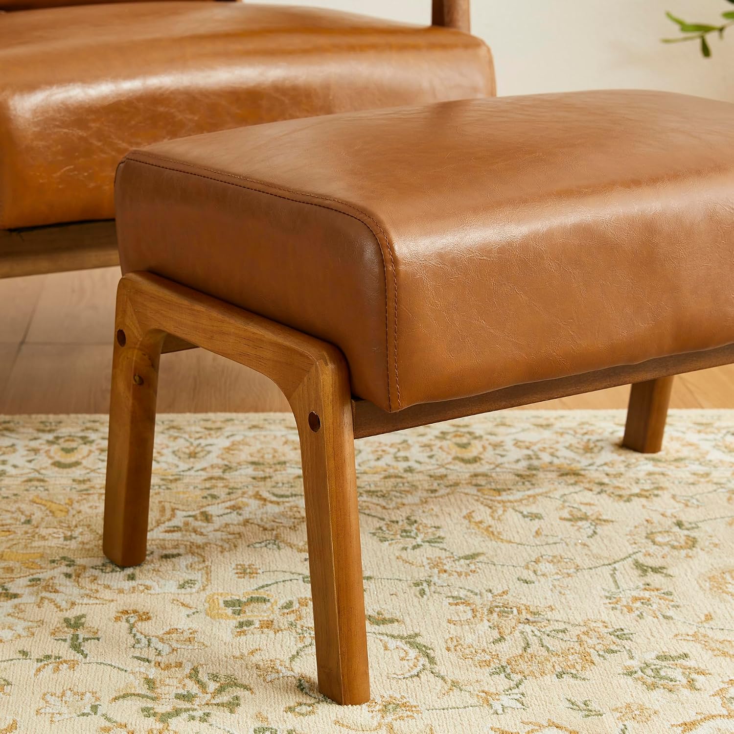 Glitzhome 15.5'(H) Footrest Stool, Leatherette Ottoman, Accent Padded Sofa Foot Stool for Accent Chair, Wood Frame Foot Rest Ottoman for Living Room, Bedroom, Yellowish-Brown