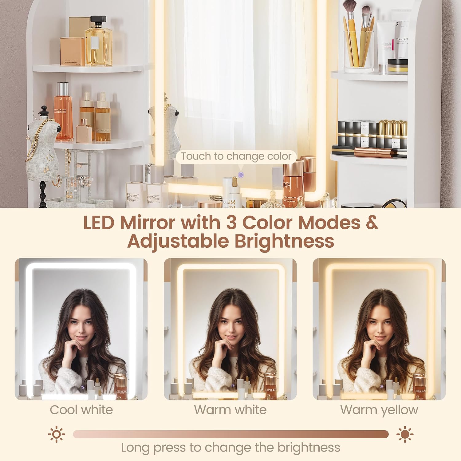 YESHOMY Makeup Vanity, Mirror Jewelry Cabinet, Lockable Swivel Storage Organizer Armoire with LED Light Shelves, White