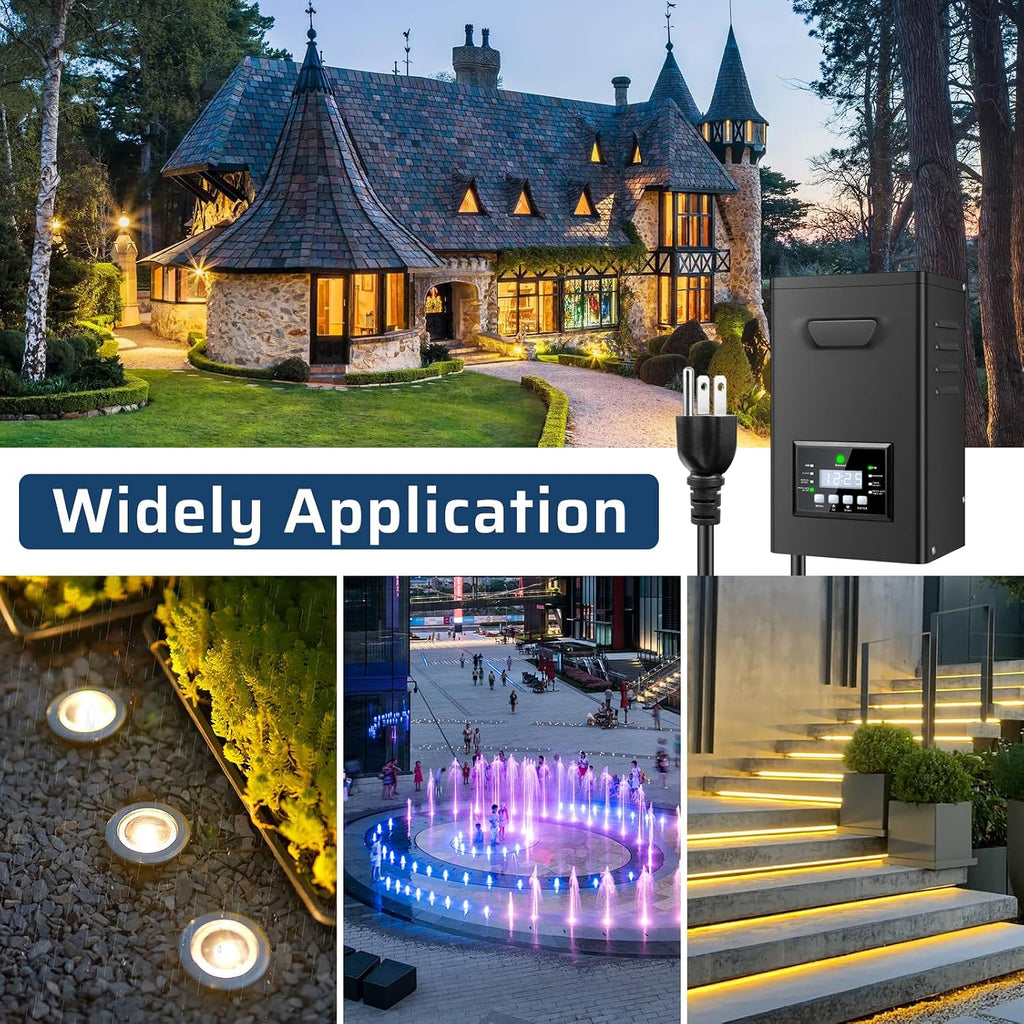 500W Low Voltage Landscape Transformer, Landscape Lighting Transformer with Timer and photocell Sensor, 120V AC to 12V/14V AC Outdoor Weatherproof Low Voltage Transformers for Landscape Lighting