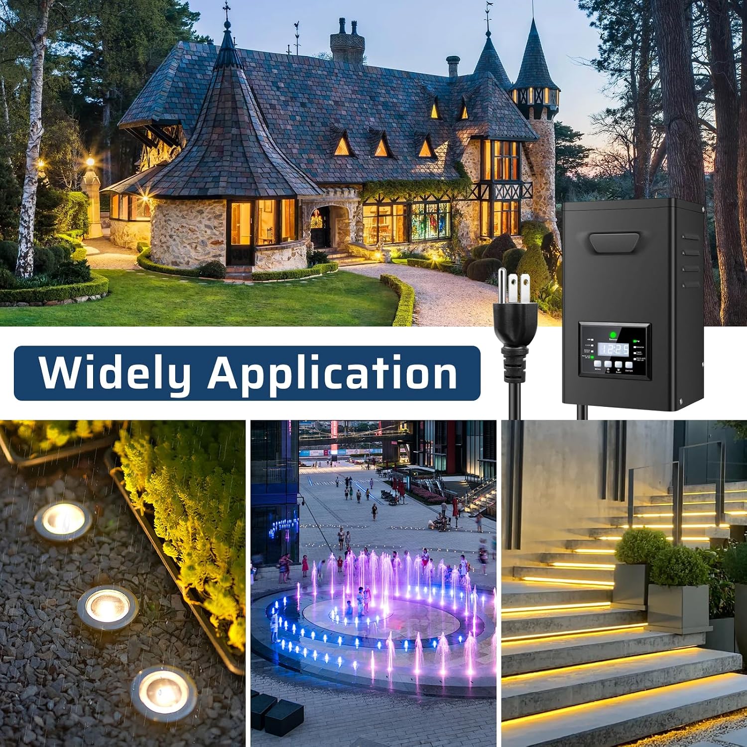 500W Low Voltage Landscape Transformer, Landscape Lighting Transformer with Timer and photocell Sensor, 120V AC to 12V/14V AC Outdoor Weatherproof Low Voltage Transformers for Landscape Lighting