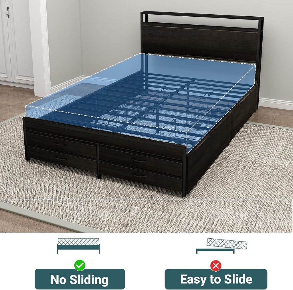Zevemomo Full Bed Frames with Headboard, Full Size Storage Bed Frame with 8 Drawers, Built-in Charging Ports & Outlets, Adjustable Atmospheric LED Lights, Full-Size Metal Foundation Beds Base, Black