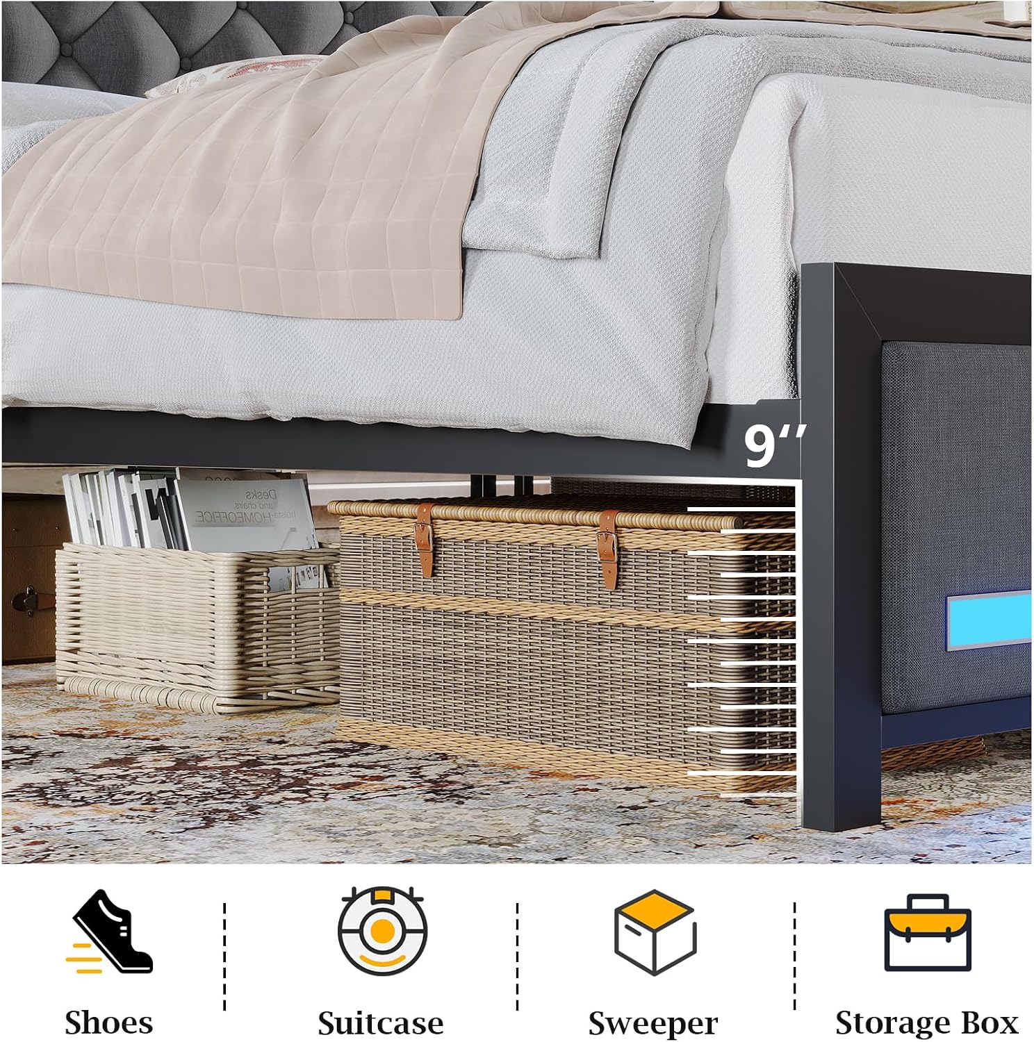 BYSAUD King Size Bed Frame, King Bed Frame with Storage Headboard, Upholstered Platform Bed Frame with LED Lights and Charging Station, Noise Free, Heavy Duty Metal Slats, Easy Assembly, Gray