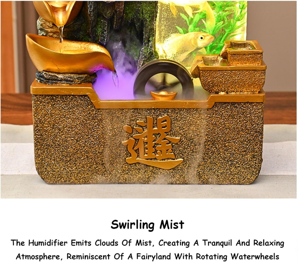 3 Tier Gold Ingot Circulating Fountain Tabletop Rockery Fountain w/LED Light, Fish Tank, LED Light, Fake Plants, Atomizing Humidifier