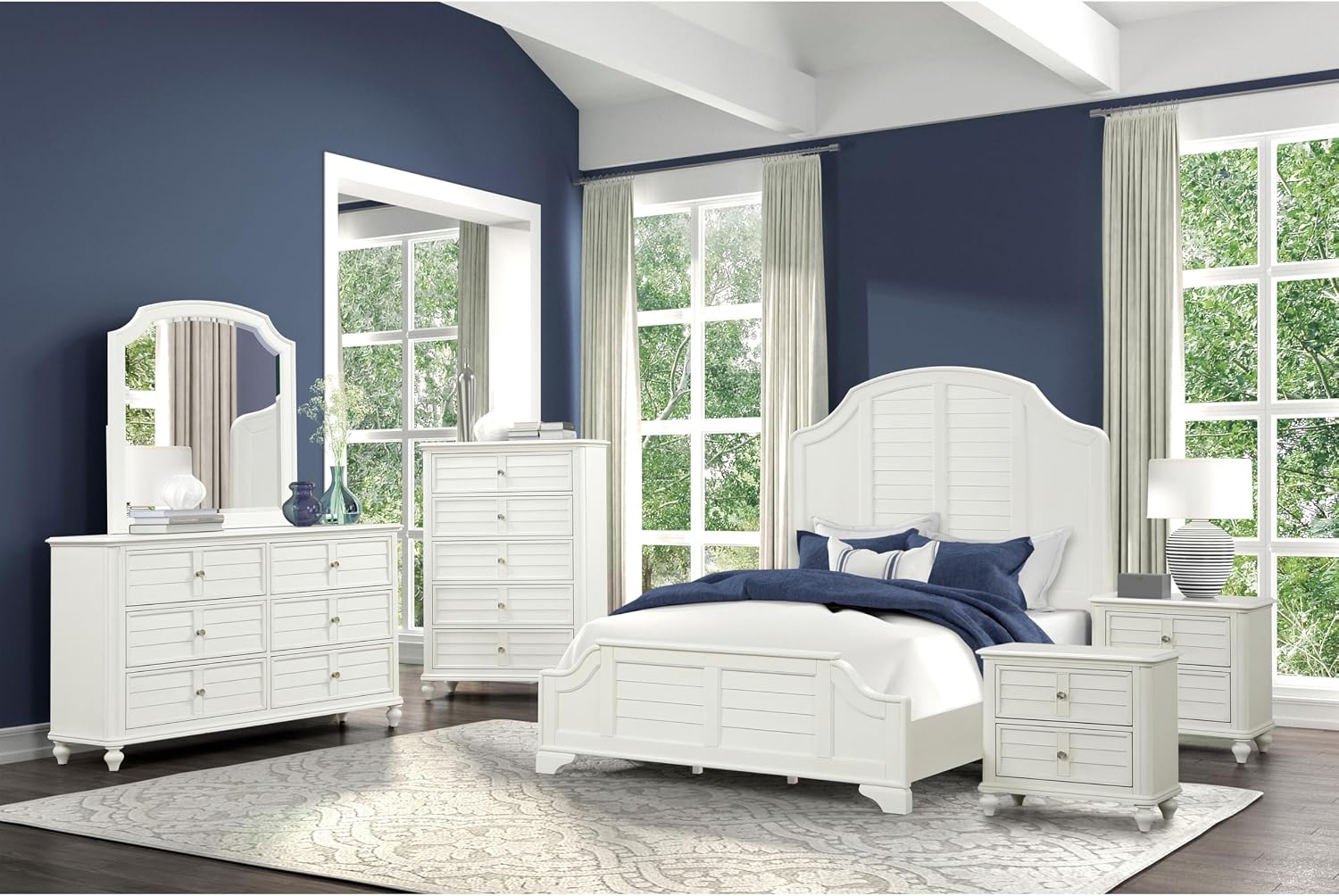 Furniture of America Eryllis Modern Solid Wood 6-Piece Panel Bedroom Set with Louvered Style Headboard, French and English Dovetails, Box Spring Needed, King, Antique White