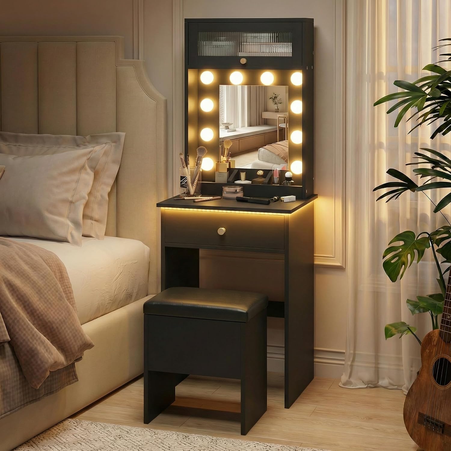 ARTETHYS Small Vanity Desk with Mirror and Lights Black Small Makeup Vanity with Storage Chair Mini Makeup Table Set for Bedroom Compact Dressing Table with RGB Lights for Tiny Space