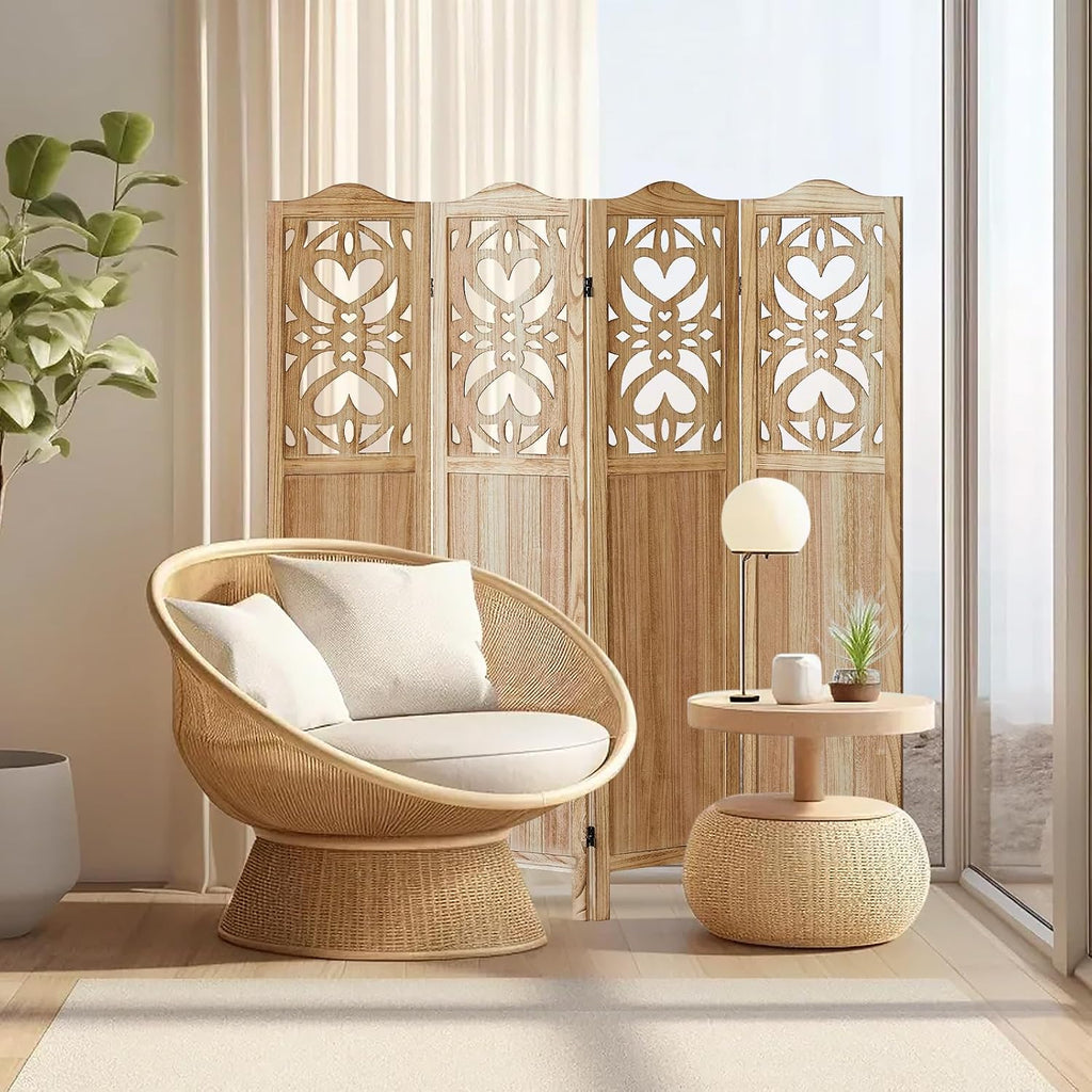 Wood Room Divider 4 Panel 5.6Ft Carved Room Divider and Folding Privacy Screen, Minimalism Portable Partition Screen Divider for Room Separation, Room Decoration for Home Office - Natural