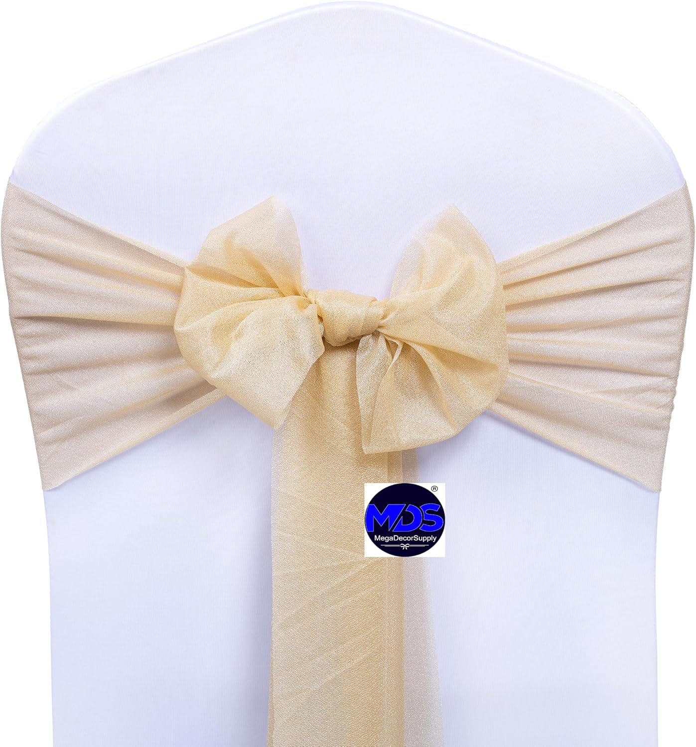 MDS® Pack of 100 Chiffon Chair Sashes Bows for Wedding Events Supplies, Decorations for Birthday Party, Graduation, Engagement, Chair Sashes fits Banquet Chair Cover Tie Back Band - Champagne Gold
