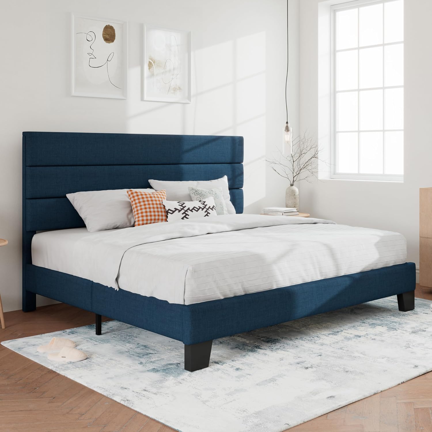 SHA CERLIN King Platform Bed Frame with Upholstered Fabric Headboard, Mattress Foundation with Strong Wooden Slats Support, No Box Spring Needed, Blue