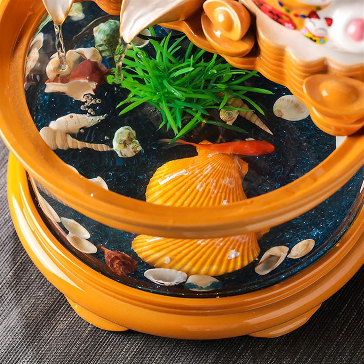 Fountain Waterfall Glass Fish Tank with Lucky Cat, Indoor Ceramic Cascading Decorative Fountain for Home Office Tabletop Indoor Relax, Christmas Ideas
