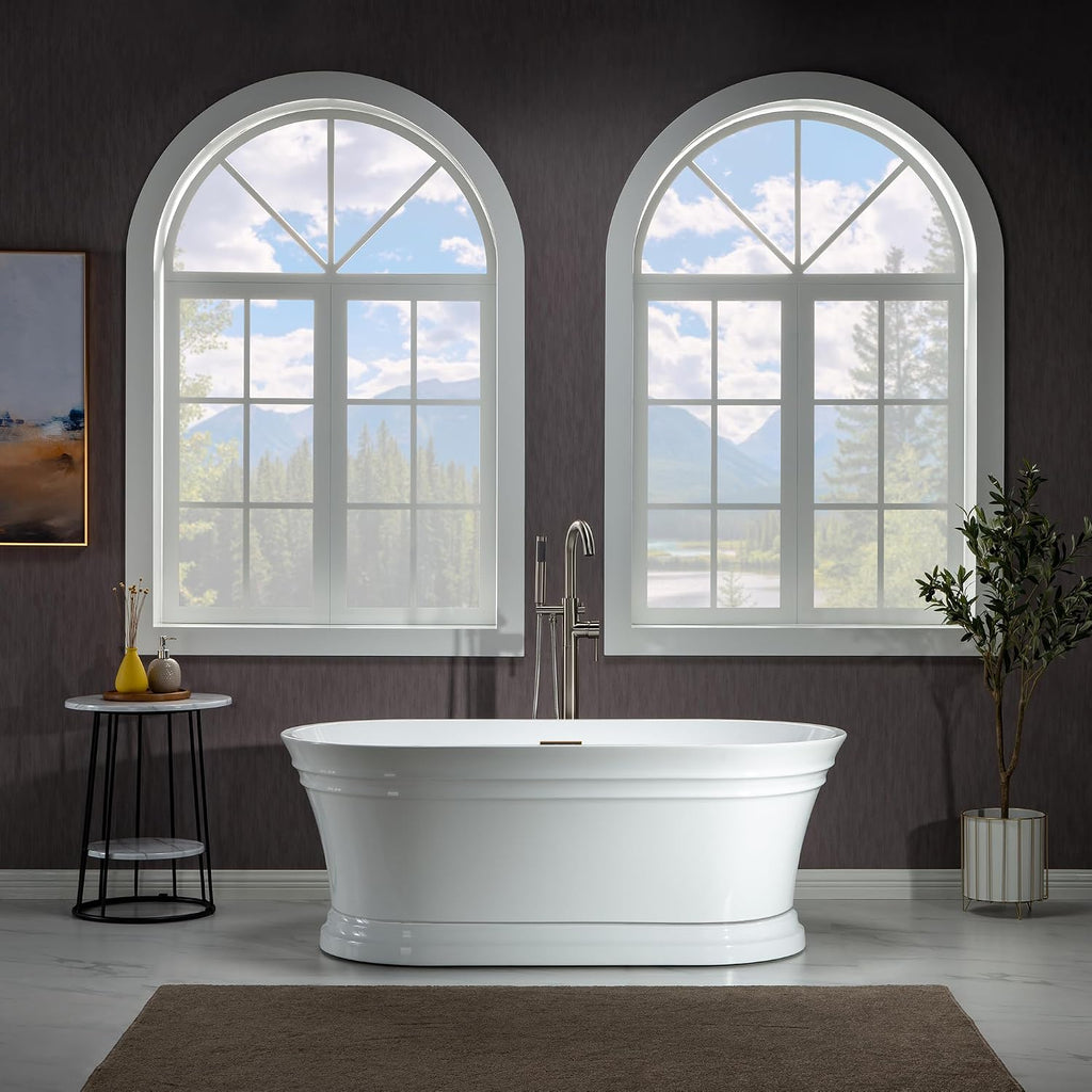 WOODBRIDGE 59'Freestanding White Acylic Soaking Bathtub with Oil Rubbed Bronze Drain and Overflow,B1536-ORB