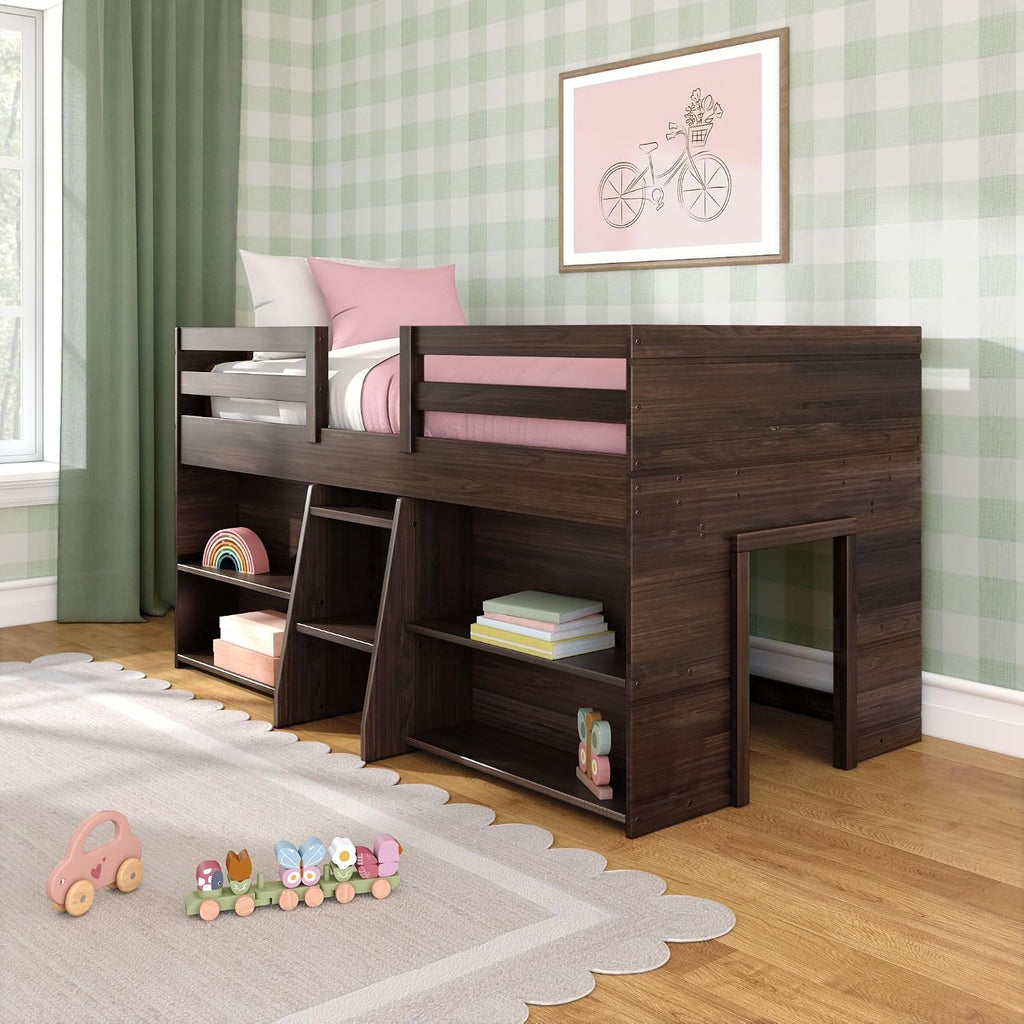 Max & Lily Modern Farmhouse Low Loft Bed, Twin Bed Frame for Kids with 2 Bookcases, Barnwood Brown