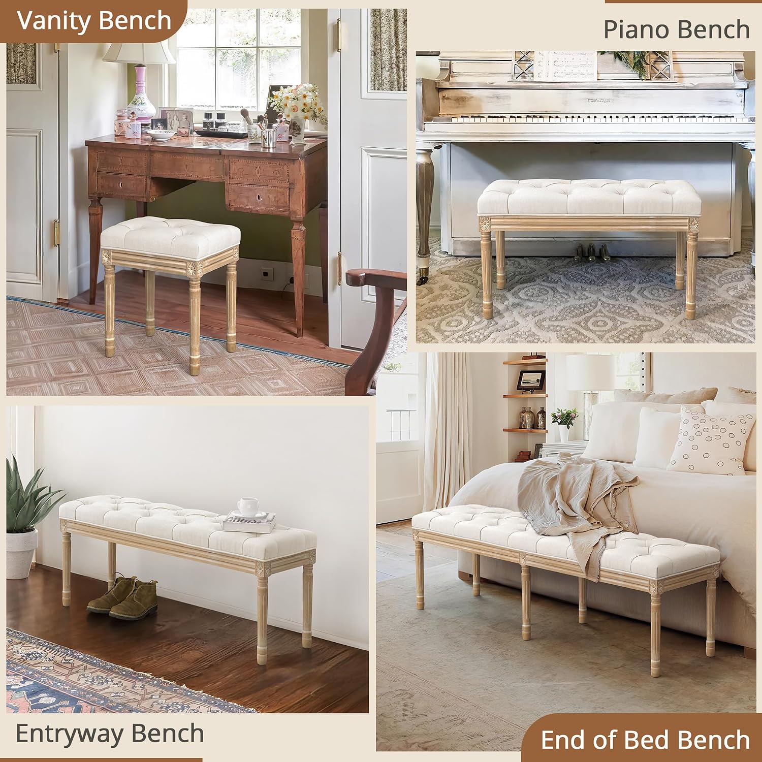 LUE BONA 60' Fabric End of Bed Bench, Upholstered Tufted French Bedroom Bench with Carved Legs for Bedroom End of King Size Bed, Living Room, Beige