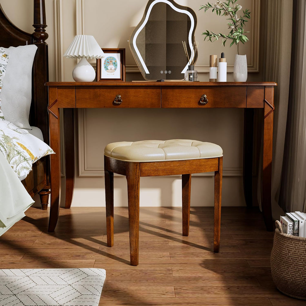 Vanity Stool with Padded Cushion, Vanity Bench with Wood Legs, Piano Bench Seat with with Solid Wood Legs, Backless Vanity Stool for Makeup Room, Bedroom, Dining Room and Study Room, Beige