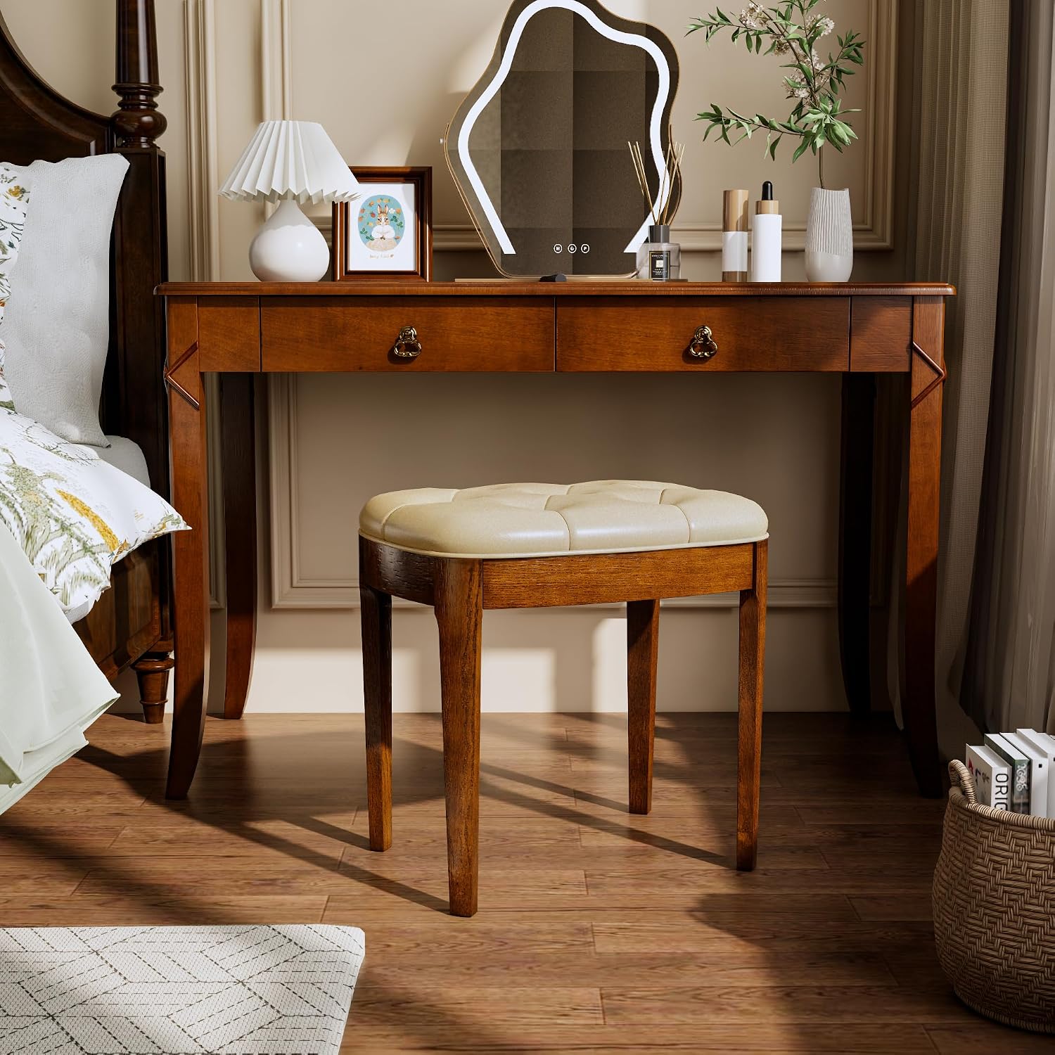 Vanity Stool with Padded Cushion, Vanity Bench with Wood Legs, Piano Bench Seat with with Solid Wood Legs, Backless Vanity Stool for Makeup Room, Bedroom, Dining Room and Study Room, Beige