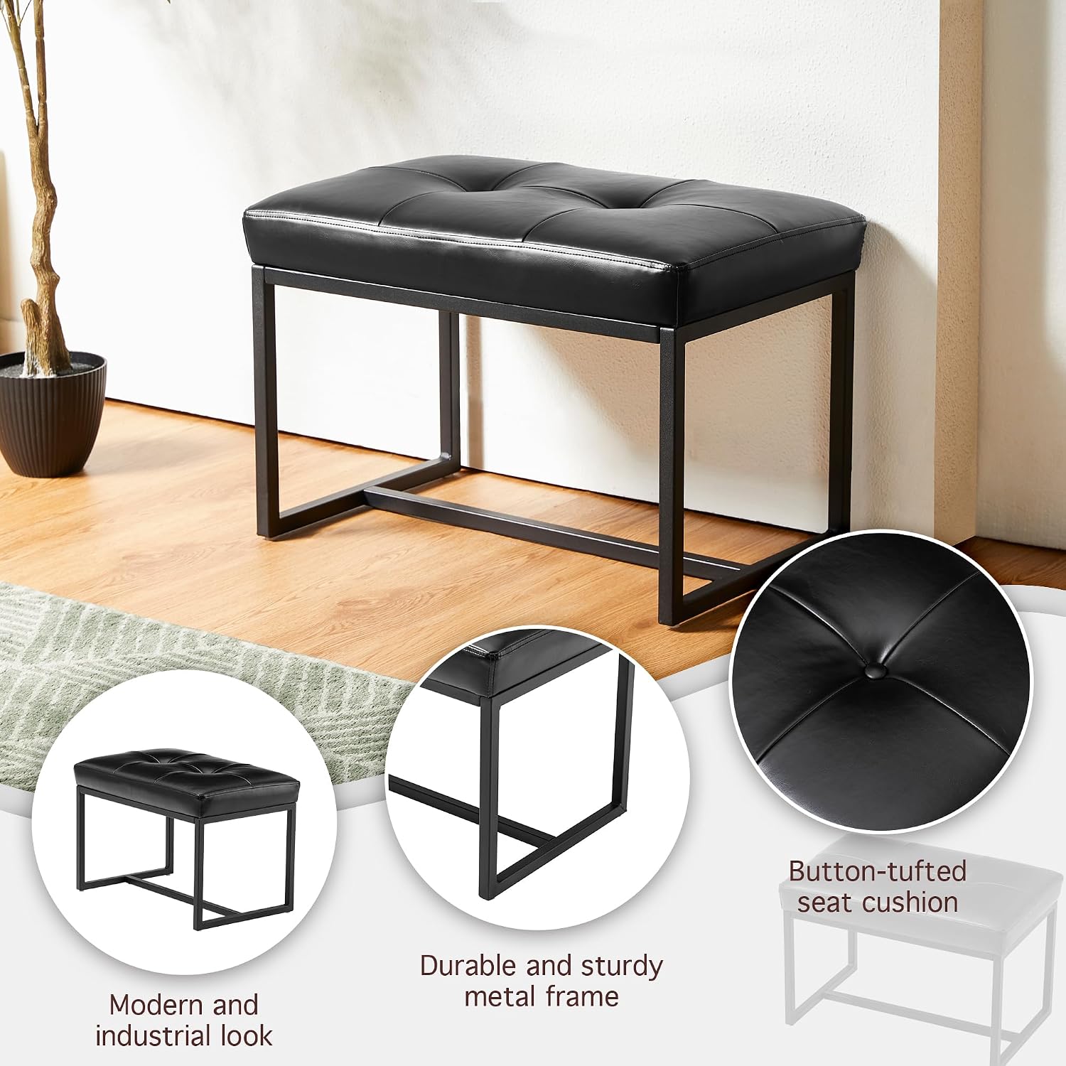 Glitzhome Ottoman Bench Pack of 2, Modern PU Leather Vanity Stools Chairs with Metal Frame, Makeup Stool Padded Foot Rest Stool for Living Room Vanity, Entryway, Bathroom, Black