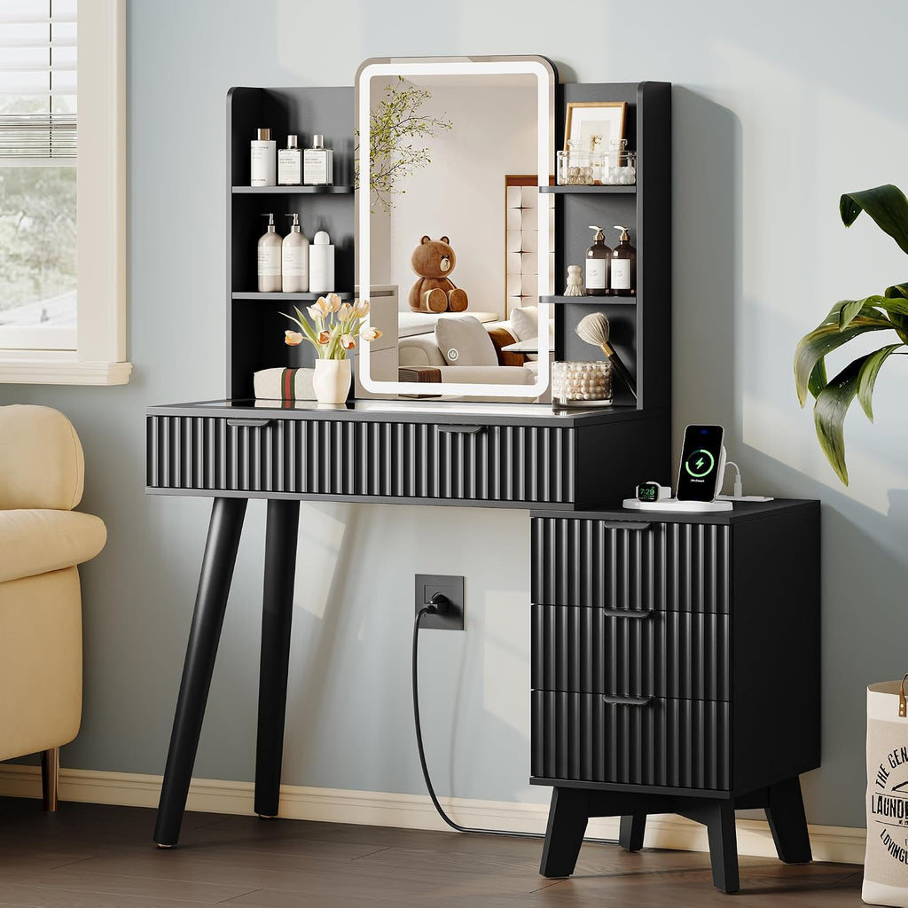 Vanity Desk With HD Lighted Mirror and Lights, Fluted Small Makeup Vanity with Storage Drawers & Shelves, Modern Dressing Table Set with Power Outlet & Glass Table Top for Women Girls Bedroom, Black