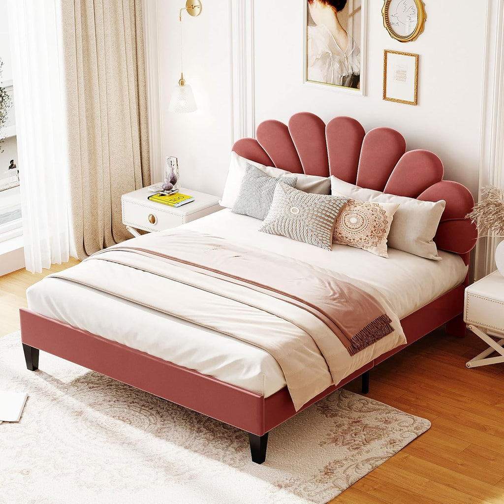 Harper & Bright Designs Queen Size Upholstered Platform Bed with Flower Pattern Velvet Headboard, Bean Paste Red
