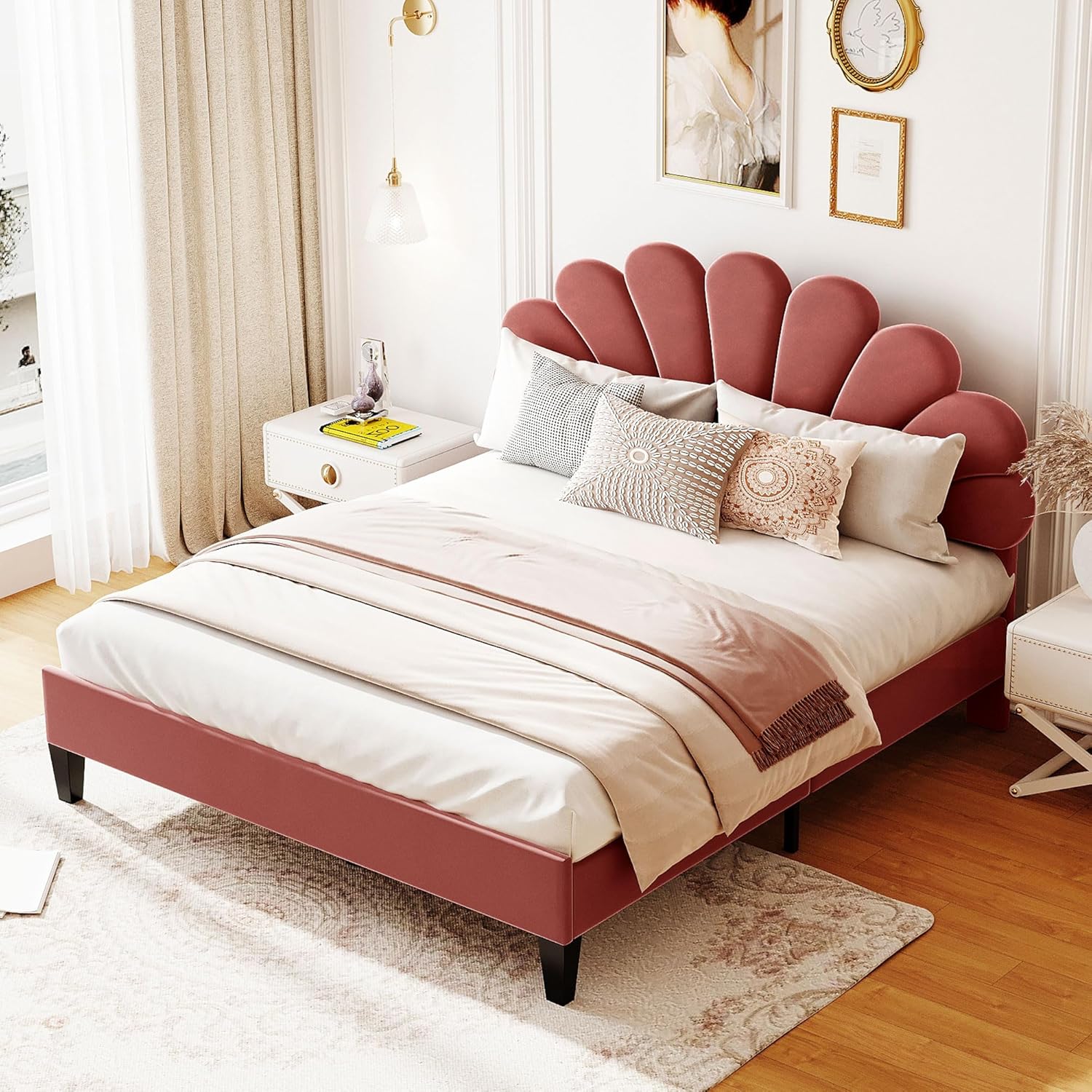 Harper & Bright Designs Queen Size Upholstered Platform Bed with Flower Pattern Velvet Headboard, Bean Paste Red