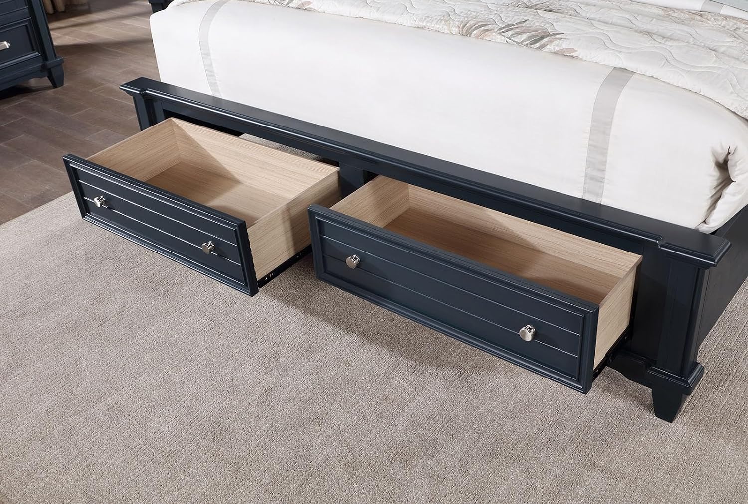 MASARA Transitional 3-Piece Bedroom Set in Slate Blue, Solid Wood Panel Bed with Storage Footboard, Queen/King/California King with 2 Nightstands (King)
