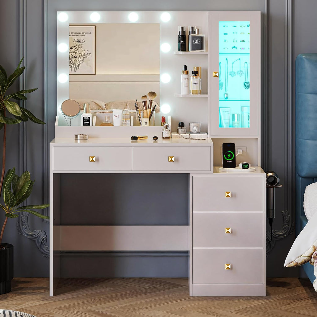 Xixini Vanity Desk with Mirror and Lights, Makeup Vanity Table Set with 5 Storage Drawers, Power Outlet, Small Dressing Table with RGB Ambient Light, Adjustable Brightness for Girls Bedroom, White