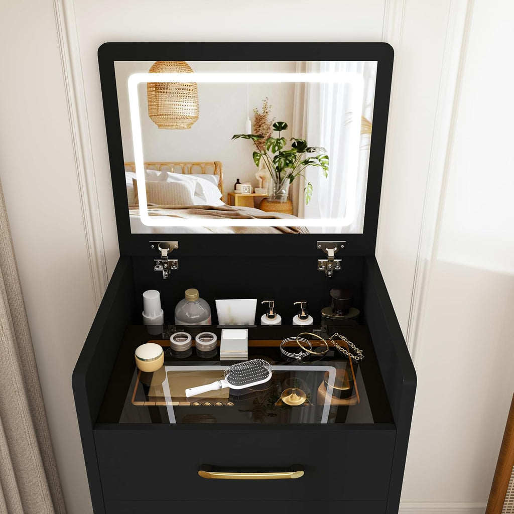 3 in 1 Vanity Desk with Plip Top Mirror and Lights,Small Make Up Vanity Set with Visible Glass Desktop,Compact Makeup Vanity with 3 Drawers,Dressing Table for Bedroom,Black