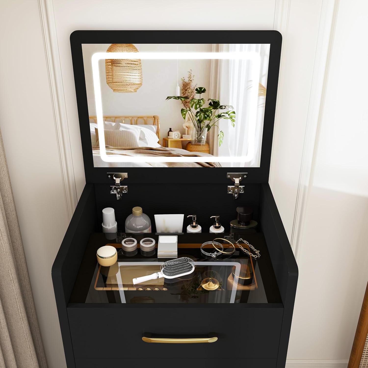 3 in 1 Vanity Desk with Plip Top Mirror and Lights,Small Make Up Vanity Set with Visible Glass Desktop,Compact Makeup Vanity with 3 Drawers,Dressing Table for Bedroom,Black