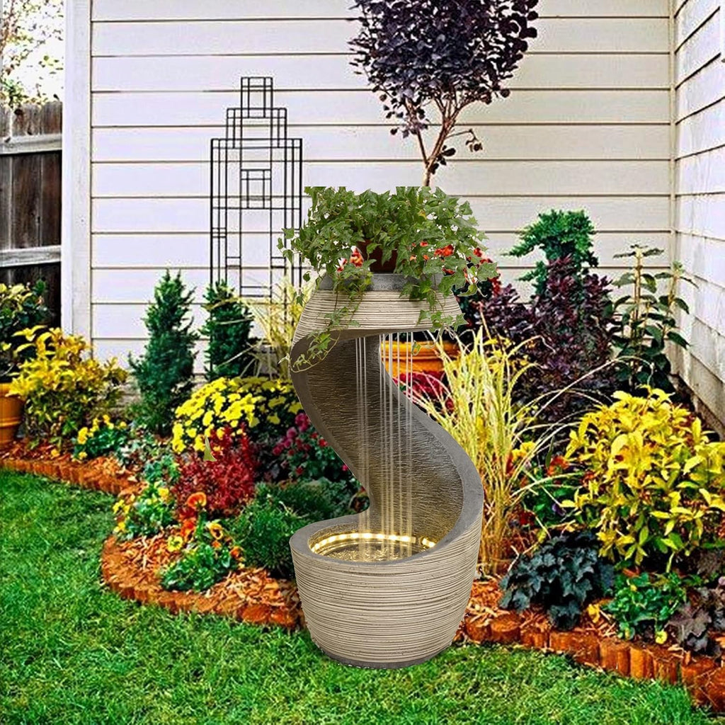 Sunlinua 37' Tall S-Shaped Outdoor Waterfall Fountain – Rainfall Water Fountain for Garden, Patio or Backyard Decor, Floor-Standing Resin Garden Fountains Water Feature with Flat Top for Plant Display