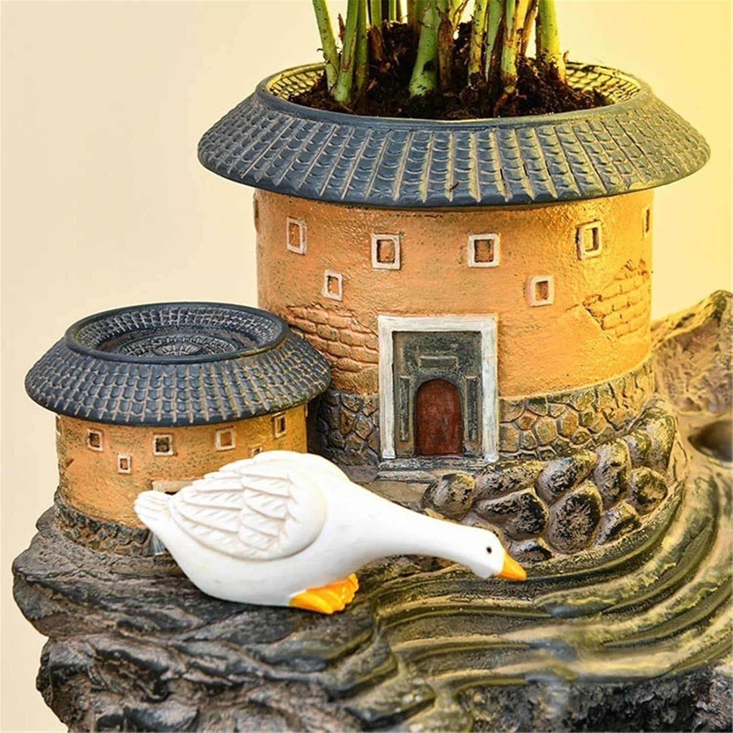 Tabletop Water Fountain Tabletop Fountain Rockery and Water Fountain Earthen Building Ornaments for Home Decor Office Relaxation Meditation Fountain