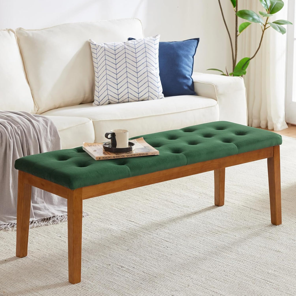 Ottoman Bench Upholstered Padded Seat with Solid Wood Legs and Button-Tufted, Big Oversized Ottoman, Velvet Green
