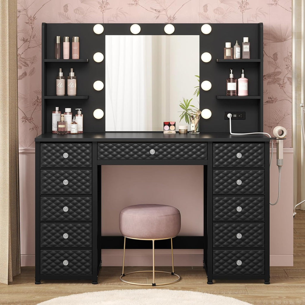 HAUOMS Vanity with Lights and Mirror, 11 Drawer Makeup Vanity with Power Strip, 6 Open Shelves, 43.3' Vanity Desk with Storage, Dressing Table with 3 Color Modes for Bedroom, Women, Girls, Black